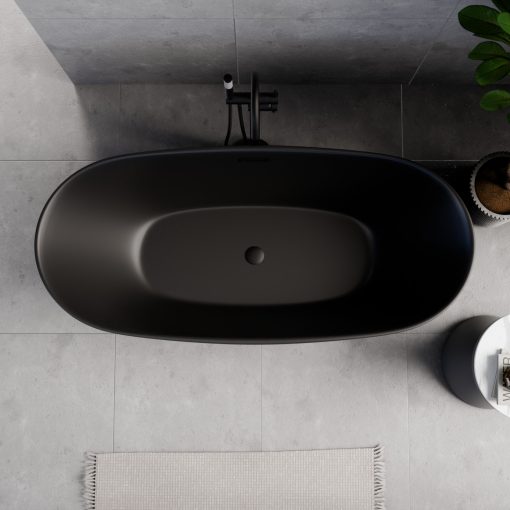 HD Aurora Matt Black 160x75 ovális térben álló akril kád matt fekete túlfolyóval és click-clack leeresztővel