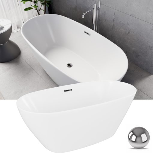 HD Aurora Matt White 150/160/170 cm hosszú ovális térben álló akril kád fényes króm túlfolyóval és click-clack leeresztővel