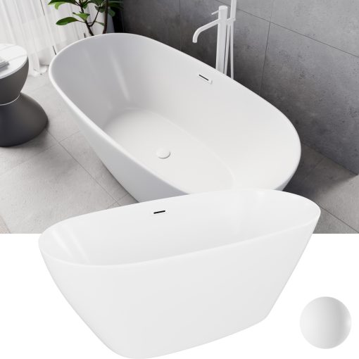 HD Aurora Matt White 150/160/170 cm hosszú ovális térben álló akril kád matt fehér túlfolyóval és click-clack leeresztővel