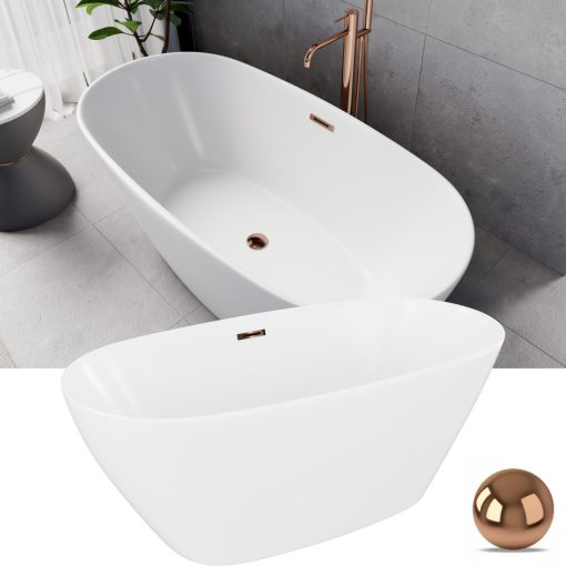 HD Aurora Matt White 150/160/170 cm hosszú ovális térben álló akril kád rózsa arany túlfolyóval és click-clack leeresztővel