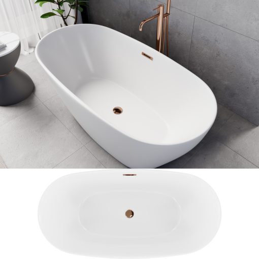 HD Aurora Matt White 150/160/170 cm hosszú ovális térben álló akril kád rózsa arany túlfolyóval és click-clack leeresztővel