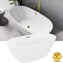 HD Aurora Matt White 150/160/170 cm hosszú ovális térben álló akril kád fényes arany túlfolyóval és click-clack leeresztővel