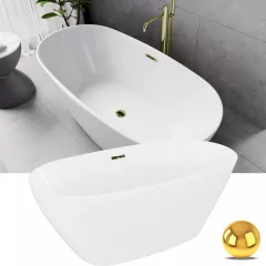   HD Aurora Matt White 150/160/170 cm hosszú ovális térben álló akril kád fényes arany túlfolyóval és click-clack leeresztővel