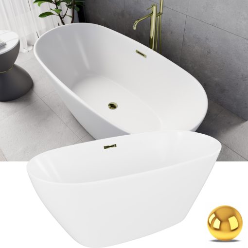 HD Aurora Matt White 150/160/170 cm hosszú ovális térben álló akril kád fényes arany túlfolyóval és click-clack leeresztővel