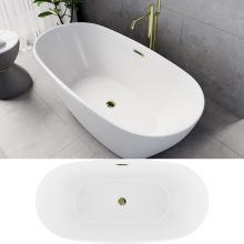 HD Aurora Matt White 150/160/170 cm hosszú ovális térben álló akril kád fényes arany túlfolyóval és click-clack leeresztővel