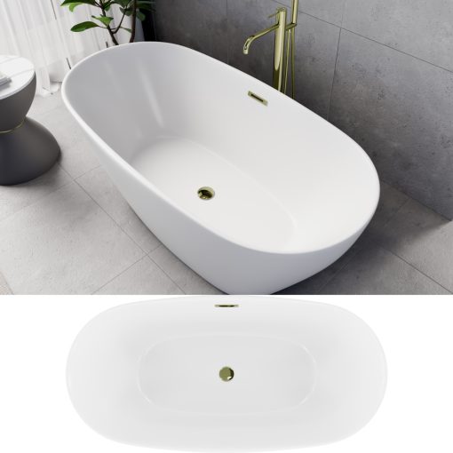 HD Aurora Matt White 150/160/170 cm hosszú ovális térben álló akril kád fényes arany túlfolyóval és click-clack leeresztővel