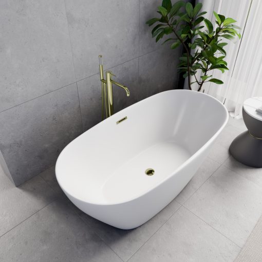 HD Aurora Matt White 150/160/170 cm hosszú ovális térben álló akril kád fényes arany túlfolyóval és click-clack leeresztővel