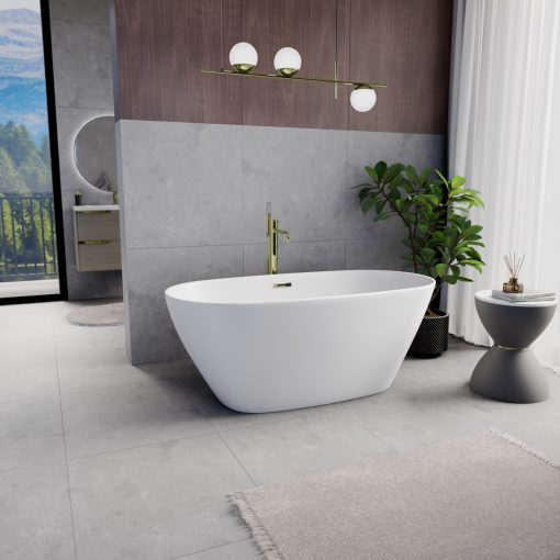 HD Aurora Matt White 150/160/170 cm hosszú ovális térben álló akril kád fényes arany túlfolyóval és click-clack leeresztővel