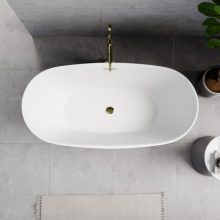 HD Aurora Matt White 150/160/170 cm hosszú ovális térben álló akril kád fényes arany túlfolyóval és click-clack leeresztővel