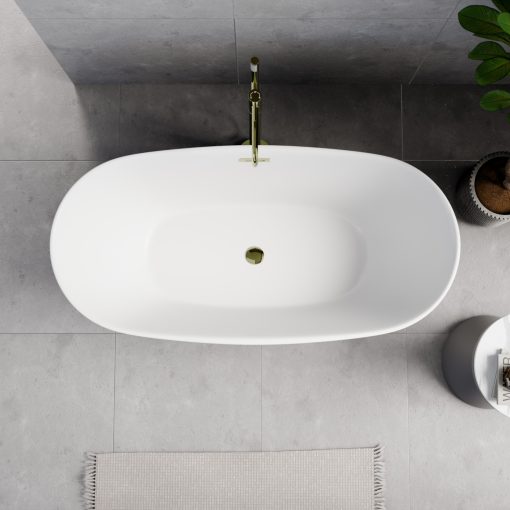 HD Aurora Matt White 150/160/170 cm hosszú ovális térben álló akril kád fényes arany túlfolyóval és click-clack leeresztővel