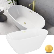 HD Aurora Matt White 150/160/170 cm hosszú ovális térben álló akril kád szálcsiszolt arany túlfolyóval és click-clack leeresztővel