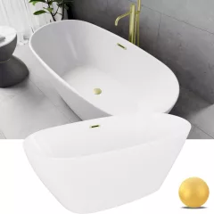   HD Aurora Matt White 150/160/170 cm hosszú ovális térben álló akril kád szálcsiszolt arany túlfolyóval és click-clack leeresztővel