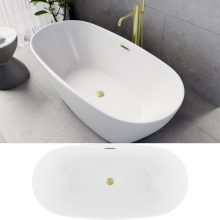 HD Aurora Matt White 150/160/170 cm hosszú ovális térben álló akril kád szálcsiszolt arany túlfolyóval és click-clack leeresztővel