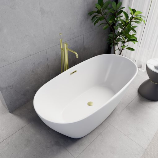 HD Aurora Matt White 150/160/170 cm hosszú ovális térben álló akril kád szálcsiszolt arany túlfolyóval és click-clack leeresztővel