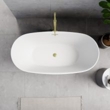 HD Aurora Matt White 150/160/170 cm hosszú ovális térben álló akril kád szálcsiszolt arany túlfolyóval és click-clack leeresztővel