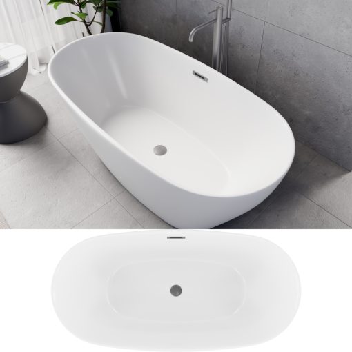 HD Aurora Matt White 150/160/170 cm hosszú ovális térben álló akril kád szürke túlfolyóval és click-clack leeresztővel