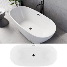 HD Aurora Matt White 150/160/170 cm hosszú ovális térben álló akril kád matt fekete túlfolyóval és click-clack leeresztővel