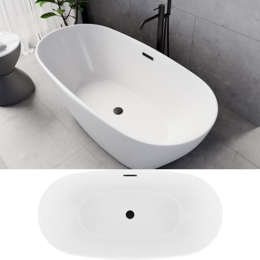 HD Aurora Matt White 150/160/170 cm hosszú ovális térben álló akril kád matt fekete túlfolyóval és click-clack leeresztővel