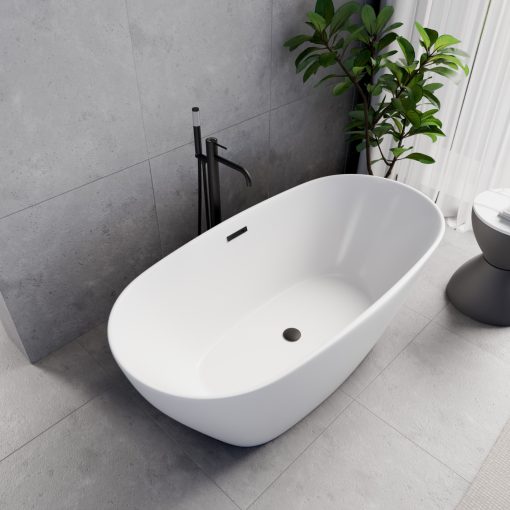 HD Aurora Matt White 150/160/170 cm hosszú ovális térben álló akril kád matt fekete túlfolyóval és click-clack leeresztővel