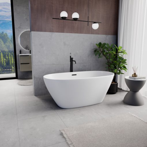 HD Aurora Matt White 150/160/170 cm hosszú ovális térben álló akril kád matt fekete túlfolyóval és click-clack leeresztővel