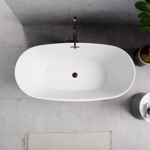 HD Aurora Matt White 150/160/170 cm hosszú ovális térben álló akril kád matt fekete túlfolyóval és click-clack leeresztővel