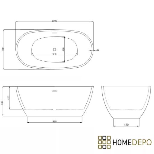 HD Aurora Matt White 150/160/170 cm hosszú ovális térben álló akril kád matt fekete túlfolyóval és click-clack leeresztővel