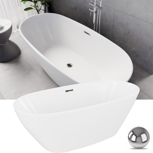 HD Aurora Matt White 160x75 ovális térben álló akril kád fényes króm túlfolyóval és click-clack leeresztővel