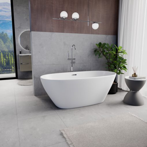 HD Aurora Matt White 160x75 ovális térben álló akril kád fényes króm túlfolyóval és click-clack leeresztővel