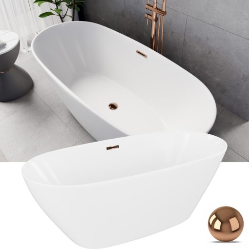 HD Aurora Matt White 160x75 ovális térben álló akril kád rózsa arany túlfolyóval és click-clack leeresztővel