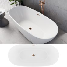 HD Aurora Matt White 160x75 ovális térben álló akril kád rózsa arany túlfolyóval és click-clack leeresztővel