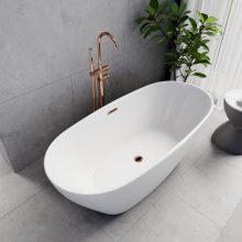 HD Aurora Matt White 160x75 ovális térben álló akril kád rózsa arany túlfolyóval és click-clack leeresztővel