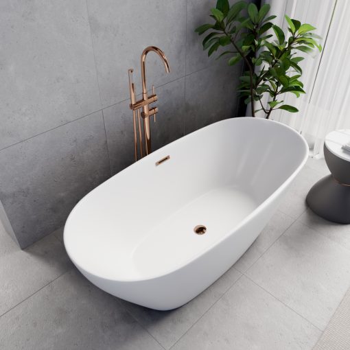 HD Aurora Matt White 160x75 ovális térben álló akril kád rózsa arany túlfolyóval és click-clack leeresztővel