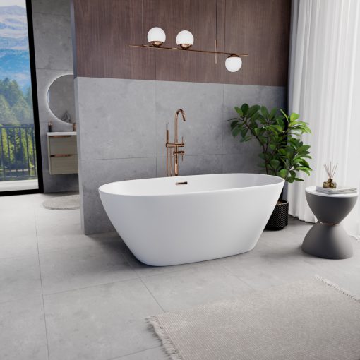 HD Aurora Matt White 160x75 ovális térben álló akril kád rózsa arany túlfolyóval és click-clack leeresztővel