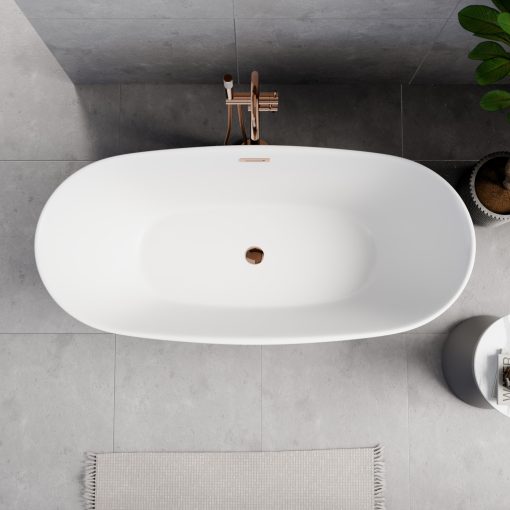 HD Aurora Matt White 160x75 ovális térben álló akril kád rózsa arany túlfolyóval és click-clack leeresztővel