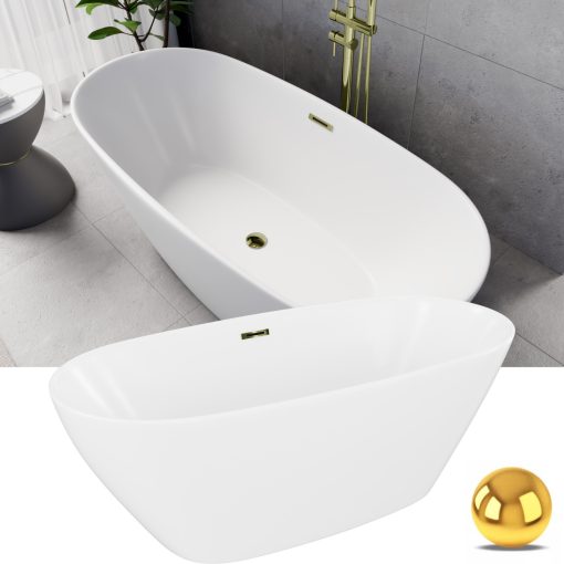 HD Aurora Matt White 160x75 ovális térben álló akril kád fényes arany túlfolyóval és click-clack leeresztővel