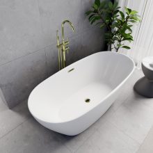 HD Aurora Matt White 160x75 ovális térben álló akril kád fényes arany túlfolyóval és click-clack leeresztővel