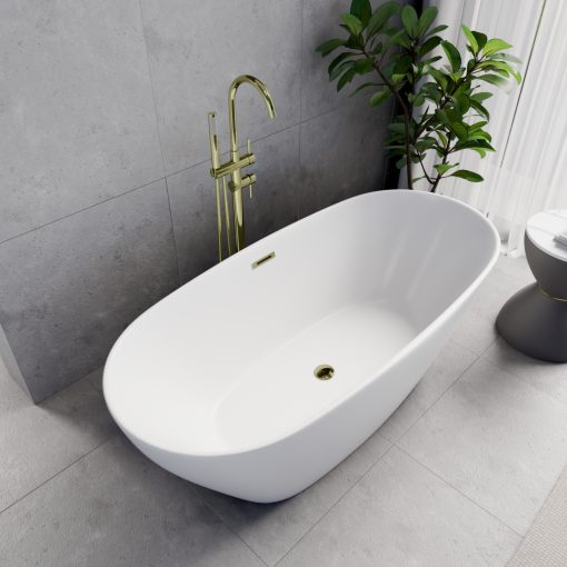 HD Aurora Matt White 160x75 ovális térben álló akril kád fényes arany túlfolyóval és click-clack leeresztővel