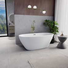 HD Aurora Matt White 160x75 ovális térben álló akril kád fényes arany túlfolyóval és click-clack leeresztővel