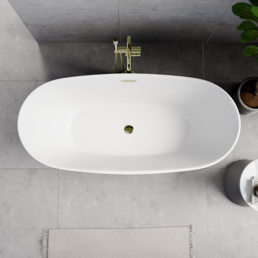 HD Aurora Matt White 160x75 ovális térben álló akril kád fényes arany túlfolyóval és click-clack leeresztővel