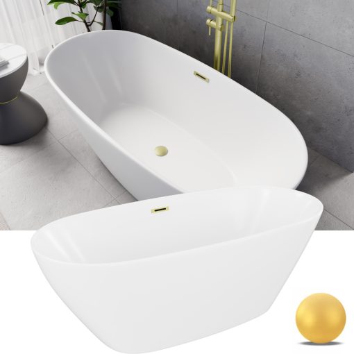 HD Aurora Matt White 160x75 ovális térben álló akril kád szálcsiszolt arany túlfolyóval és click-clack leeresztővel