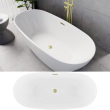 HD Aurora Matt White 160x75 ovális térben álló akril kád szálcsiszolt arany túlfolyóval és click-clack leeresztővel