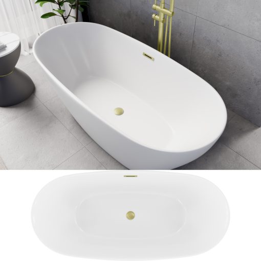 HD Aurora Matt White 160x75 ovális térben álló akril kád szálcsiszolt arany túlfolyóval és click-clack leeresztővel