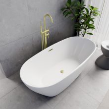 HD Aurora Matt White 160x75 ovális térben álló akril kád szálcsiszolt arany túlfolyóval és click-clack leeresztővel