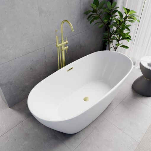 HD Aurora Matt White 160x75 ovális térben álló akril kád szálcsiszolt arany túlfolyóval és click-clack leeresztővel