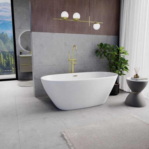 HD Aurora Matt White 160x75 ovális térben álló akril kád szálcsiszolt arany túlfolyóval és click-clack leeresztővel