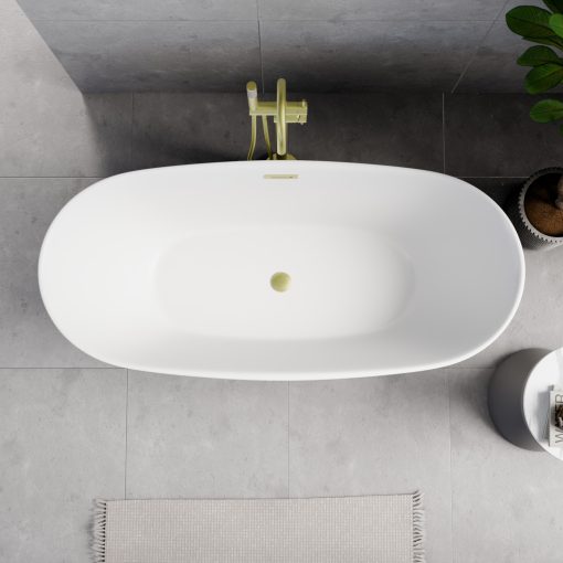 HD Aurora Matt White 160x75 ovális térben álló akril kád szálcsiszolt arany túlfolyóval és click-clack leeresztővel