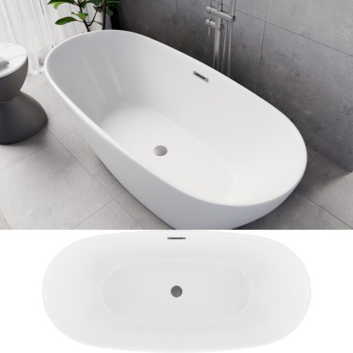 HD Aurora Matt White 160x75 ovális térben álló akril kád szürke túlfolyóval és click-clack leeresztővel