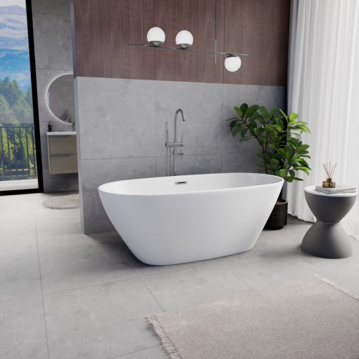 HD Aurora Matt White 160x75 ovális térben álló akril kád szürke túlfolyóval és click-clack leeresztővel