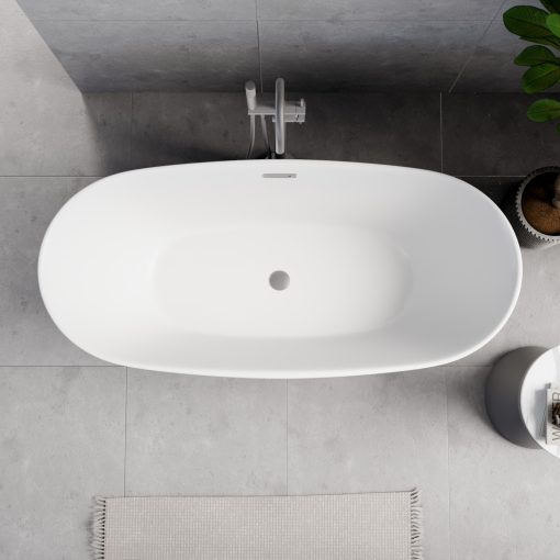 HD Aurora Matt White 160x75 ovális térben álló akril kád szürke túlfolyóval és click-clack leeresztővel