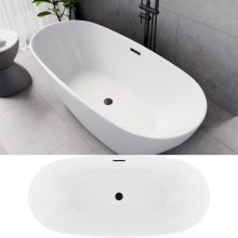 HD Aurora Matt White 160x75 ovális térben álló akril kád matt fekete túlfolyóval és click-clack leeresztővel